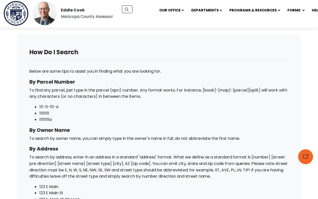 Buckeye street directory Assessor search syntax instructions